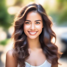 A portrait of an attractive young woman with radiant skin, sparkling eyes, and a confident smile