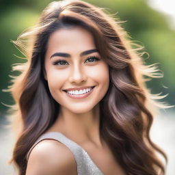 A portrait of an attractive young woman with radiant skin, sparkling eyes, and a confident smile