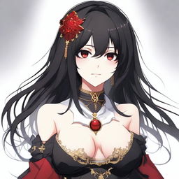 Create an illustration of a girl with black hair and red eyes in the Kamidere anime style