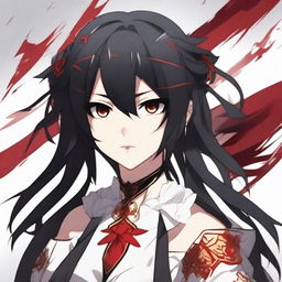 Create an illustration of a girl with black hair and red eyes in the Kamidere anime style