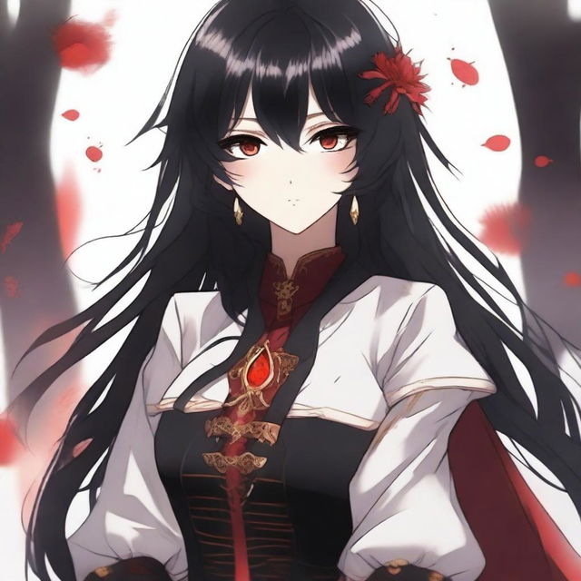 Create an illustration of a girl with black hair and red eyes in the Kamidere anime style