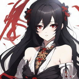 Create an illustration of a girl with black hair and red eyes in the Kamidere anime style