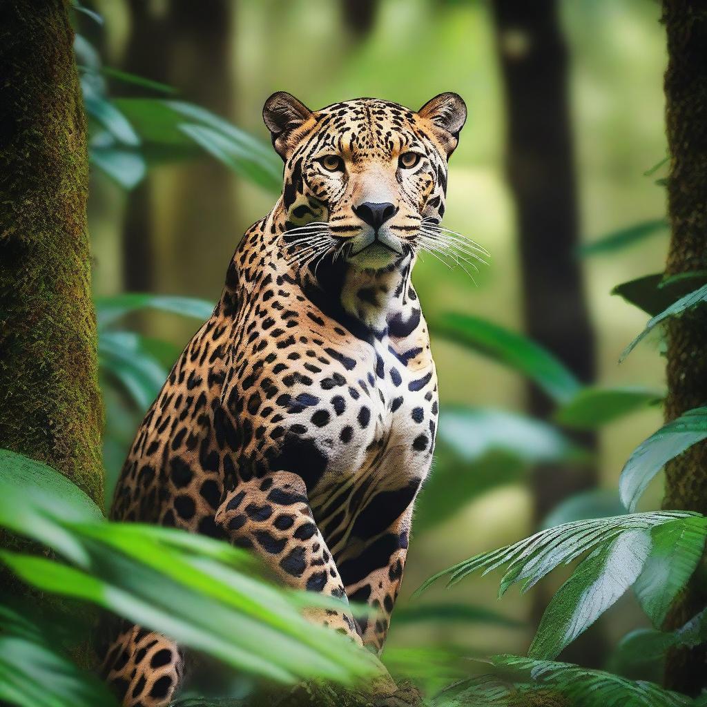 A majestic jaguar standing in a lush rainforest