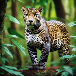 A majestic jaguar standing in a lush rainforest