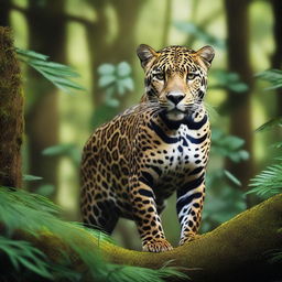 A majestic jaguar standing in a lush rainforest