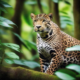 A majestic jaguar standing in a lush rainforest