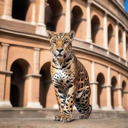 A majestic jaguar standing in front of the ancient Colosseum in Rome