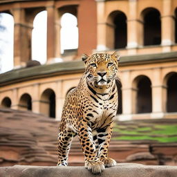 A majestic jaguar standing in front of the ancient Colosseum in Rome