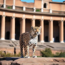 A majestic jaguar standing in front of the ancient Colosseum in Rome