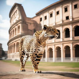 A majestic jaguar standing in front of the ancient Colosseum in Rome