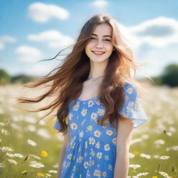 A beautiful girl with long flowing hair, wearing a summer dress, standing in a sunny meadow with flowers all around