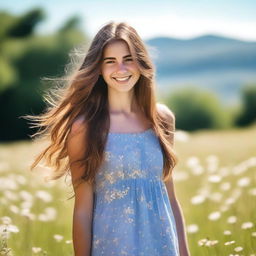 A beautiful girl with long flowing hair, wearing a summer dress, standing in a sunny meadow with flowers all around