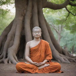 A peaceful image of Gautam Buddha meditating, seated under the Bodhi tree with a serene expression on his face.