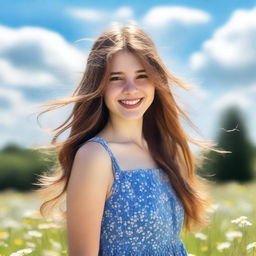 A beautiful girl with long flowing hair, wearing a summer dress, standing in a sunny meadow with flowers all around