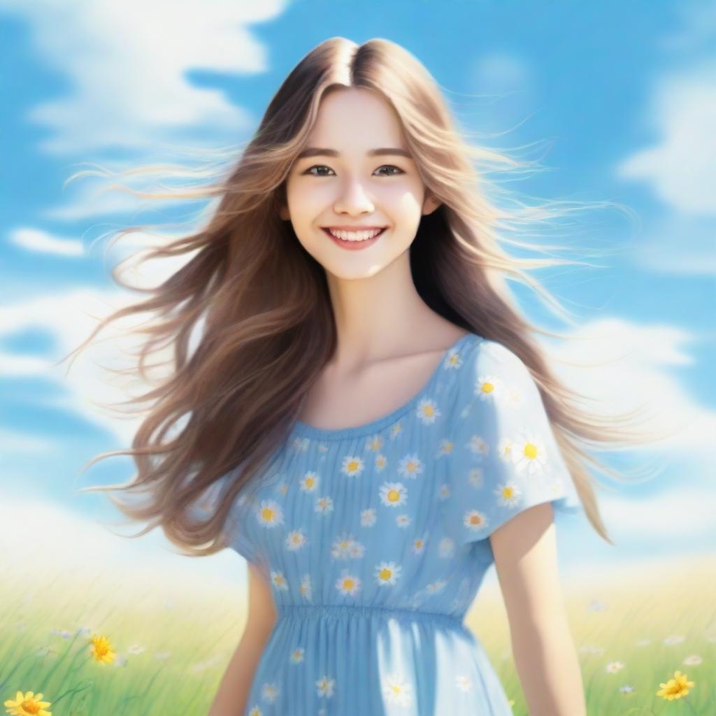 A beautiful girl with long flowing hair, wearing a summer dress, standing in a sunny meadow with flowers all around