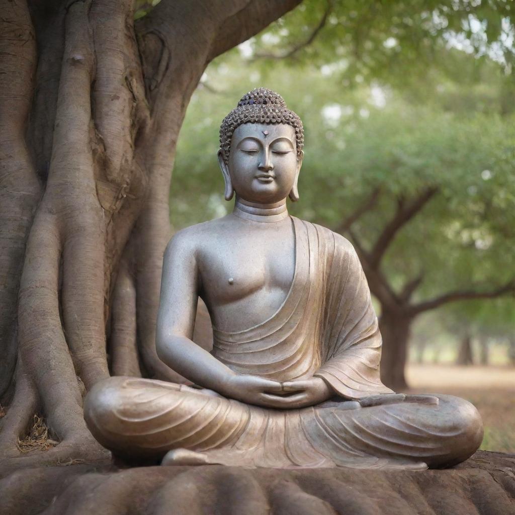 A peaceful image of Gautam Buddha meditating, seated under the Bodhi tree with a serene expression on his face.