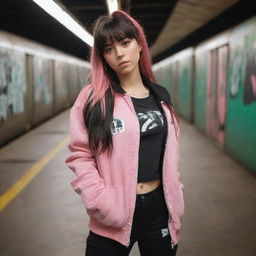 casual photograpy medium body, hip hop style clothes pink and black jacket, sneakers, female , 23 year old with green eyes and black long hai with withe streaks in the bangs .,freckles, selfie, graffiti background subway, medium distance shot, 4k hd,  --styerw--v 5.2 ar 2-3