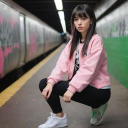 casual photograpy medium body, hip hop style clothes pink and black jacket, sneakers, female , 23 year old with green eyes and black long hai with withe streaks in the bangs .,freckles, selfie, graffiti background subway, medium distance shot, 4k hd,  --styerw--v 5.2 ar 2-3