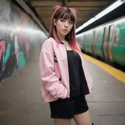 casual photograpy medium body, hip hop style clothes pink and black jacket, sneakers, female , 23 year old with green eyes and black long hai with withe streaks in the bangs .,freckles, selfie, graffiti background subway, medium distance shot, 4k hd,  --styerw--v 5.2 ar 2-3