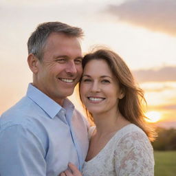 A loving husband and wife, warmly smiling at each other, set against the backdrop of a serene sunset.