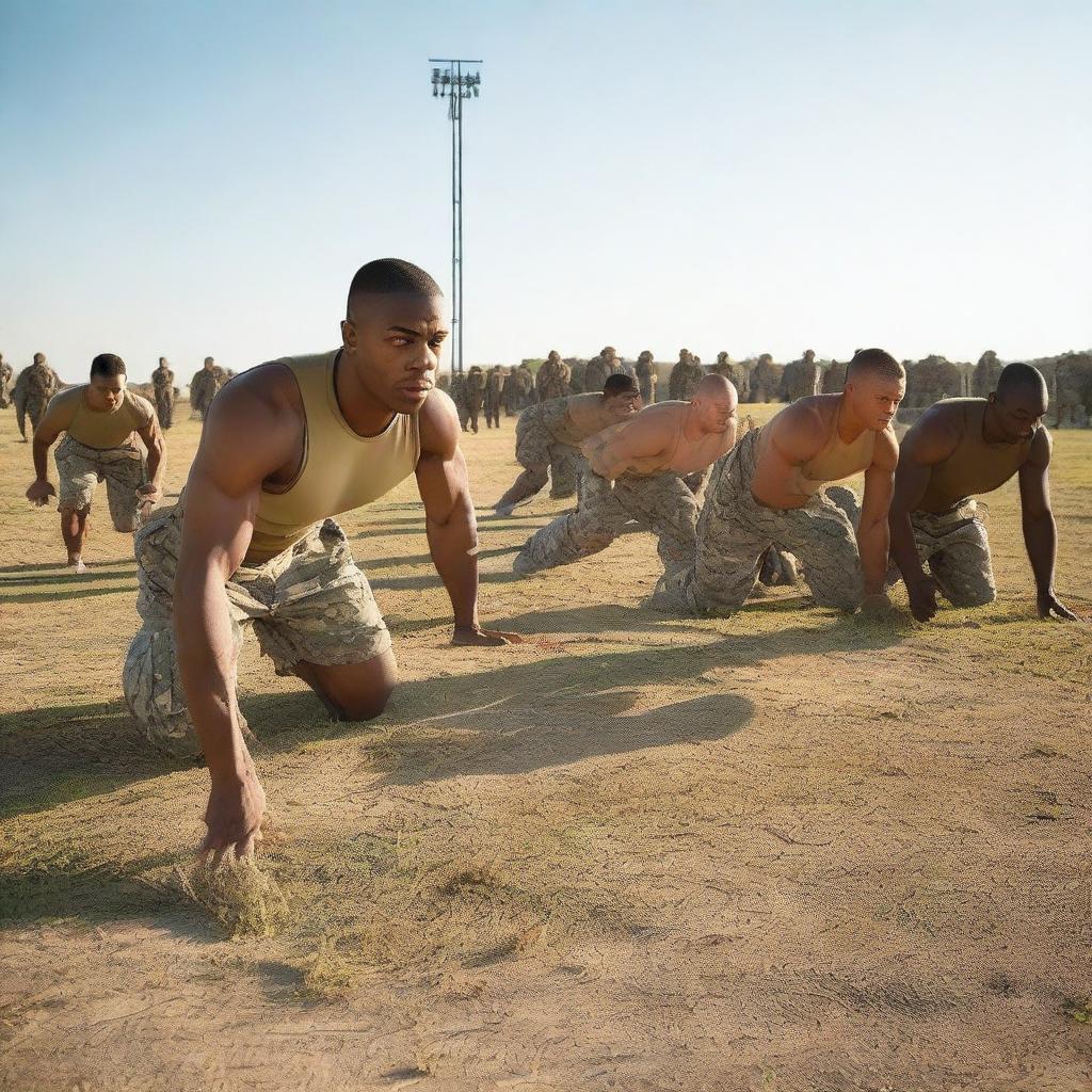 A group of army soldiers in full uniform performing physical exercises in an outdoor training ground