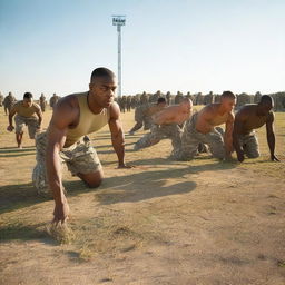 A group of army soldiers in full uniform performing physical exercises in an outdoor training ground