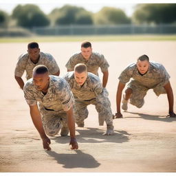 A group of army soldiers in full uniform performing physical exercises in an outdoor training ground