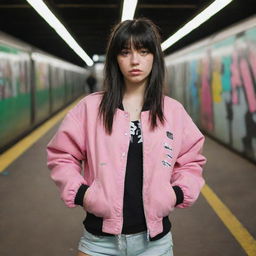 casual photograpy medium body, hip hop style clothes pink and black jacket, sneakers, female , 23 year old with green eyes and black long hai with withe streaks in the bangs .,freckles, selfie, graffiti background subway, medium distance shot, 4k hd,  --styerw--v 5.2 ar 2-3