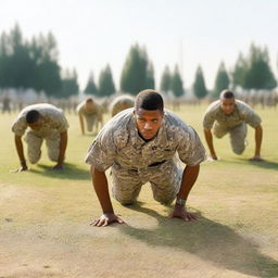 A group of army soldiers in full uniform performing physical exercises in an outdoor training ground