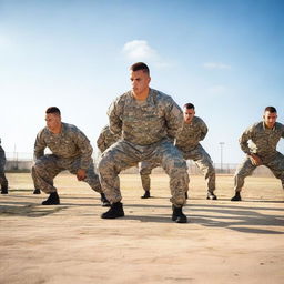 A group of army soldiers in full uniform performing physical exercises in an outdoor training ground