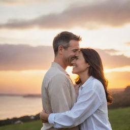 A loving husband and wife, warmly smiling at each other, set against the backdrop of a serene sunset.