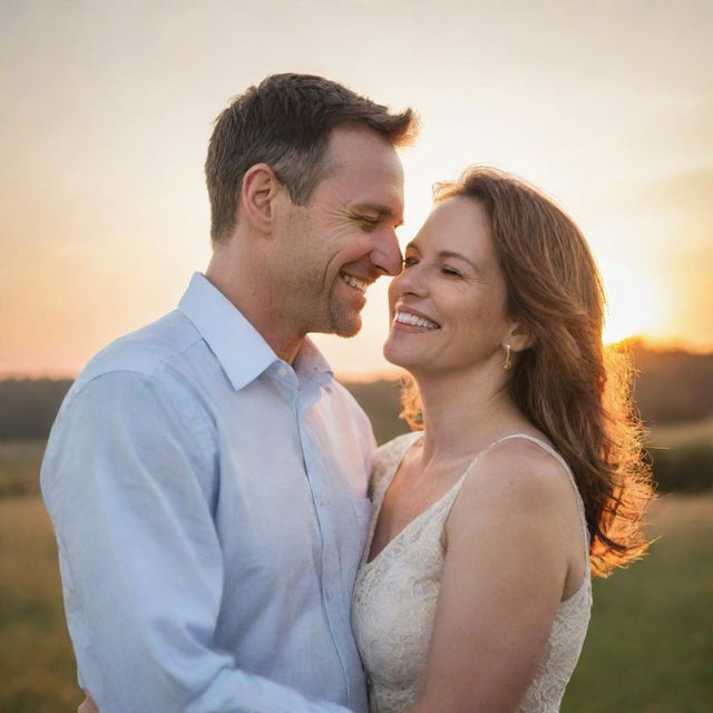 A loving husband and wife, warmly smiling at each other, set against the backdrop of a serene sunset.