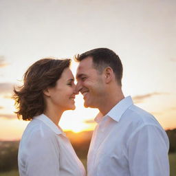 A loving husband and wife, warmly smiling at each other, set against the backdrop of a serene sunset.