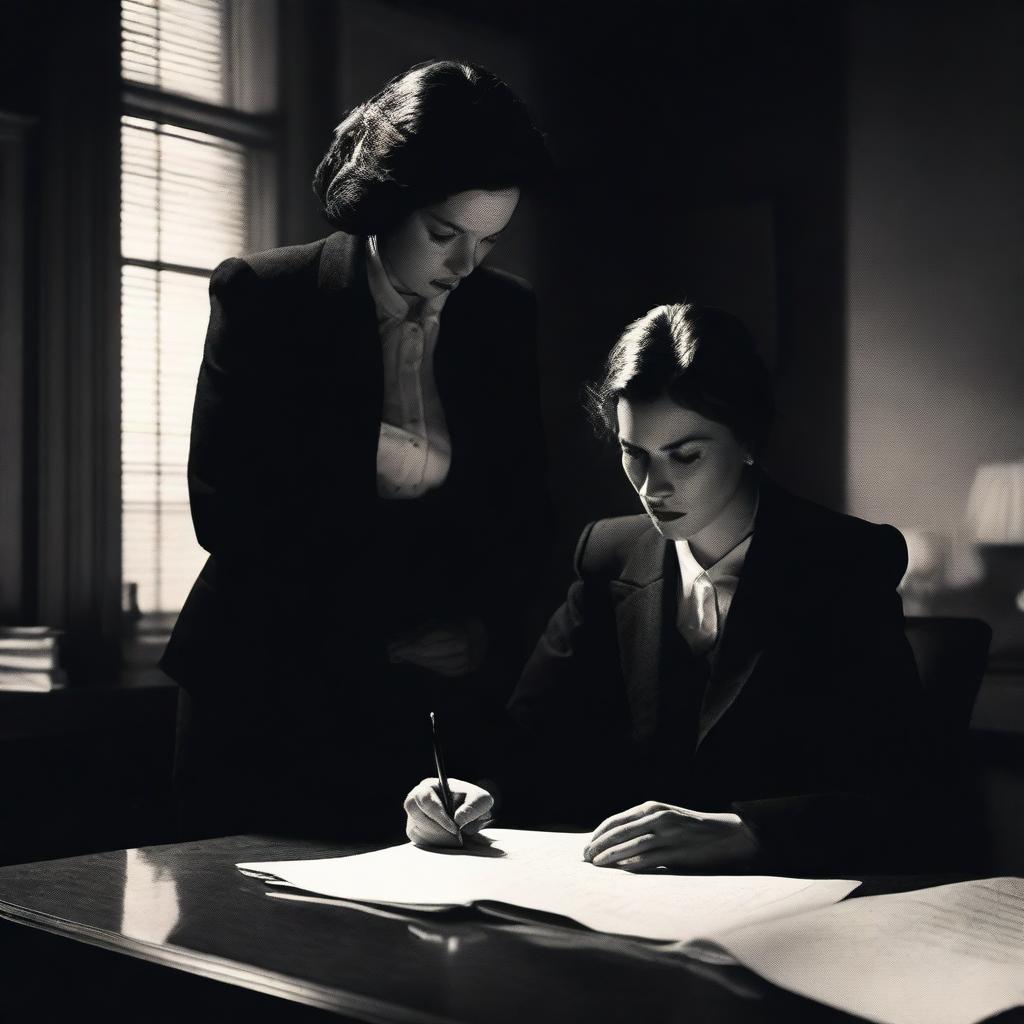 A woman writing a book at a desk with a man standing behind her in a black suit holding a knife