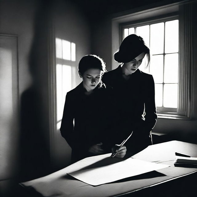 A woman writing a book at a desk with a man standing behind her in a black suit holding a knife