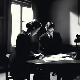 A woman writing a book at a desk with a man standing behind her in a black suit holding a knife