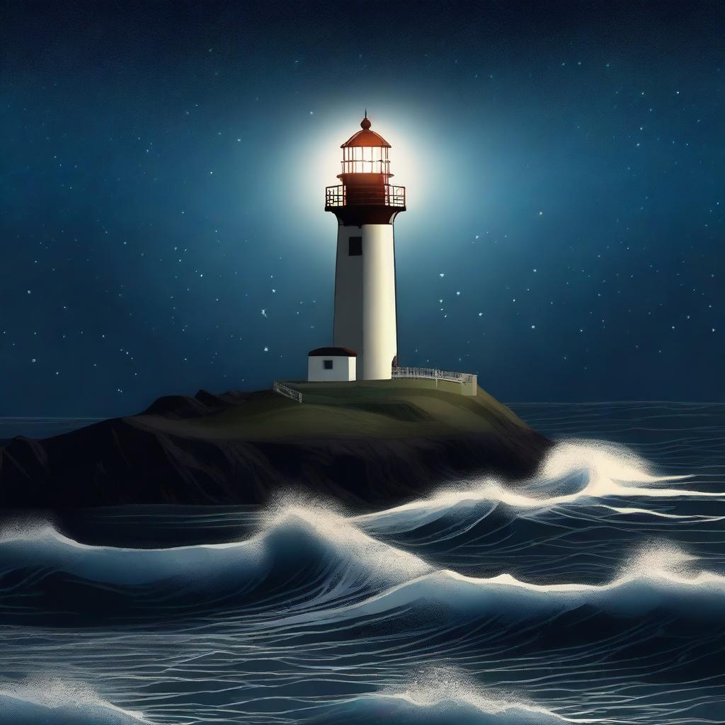 A lighthouse standing tall in the dark, its beacon of light cutting through the night sky