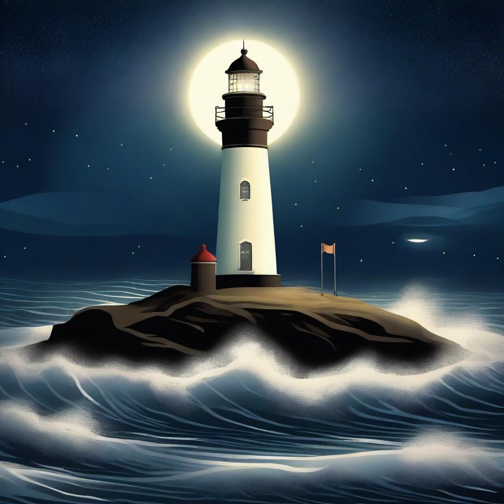 A lighthouse standing tall in the dark, its beacon of light cutting through the night sky