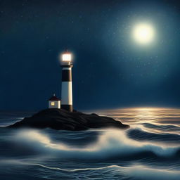 A lighthouse standing tall in the dark, its beacon of light cutting through the night sky