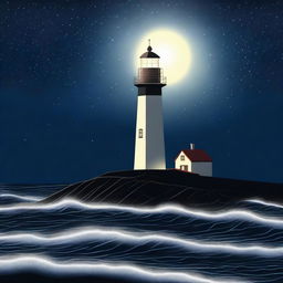 A lighthouse standing tall in the dark, its beacon of light cutting through the night sky