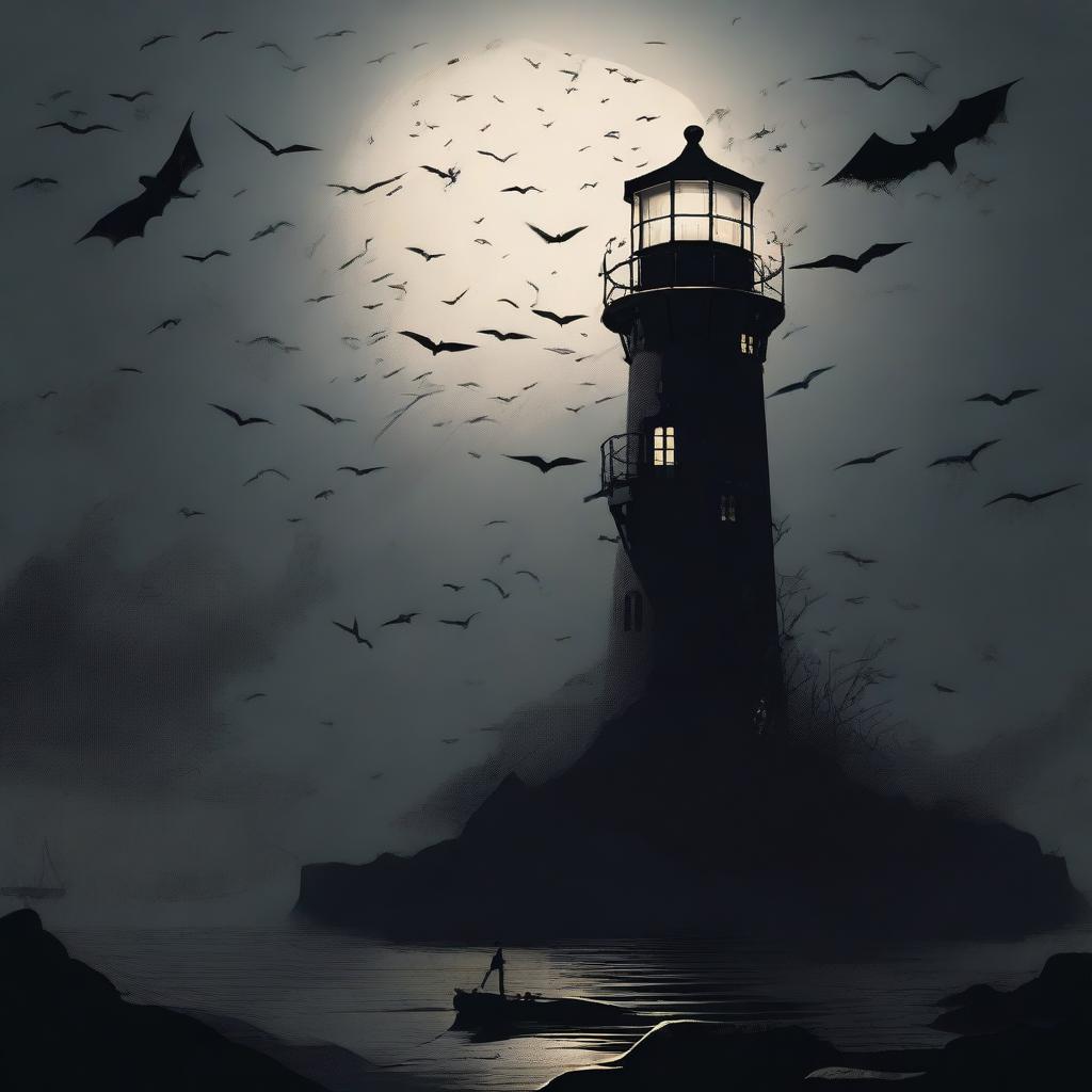 A horror-themed lighthouse standing ominously in the dark, surrounded by a swarm of bats