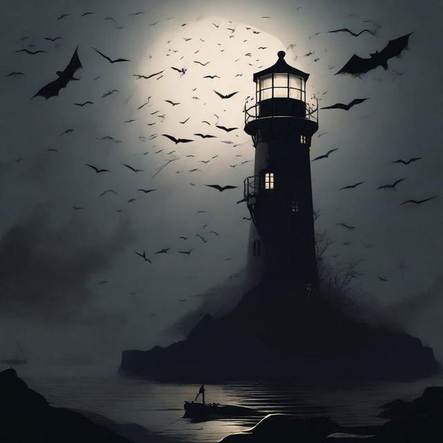 A horror-themed lighthouse standing ominously in the dark, surrounded by a swarm of bats