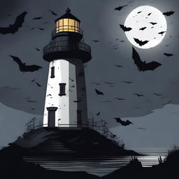 A horror-themed lighthouse standing ominously in the dark, surrounded by a swarm of bats