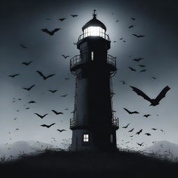 A horror-themed lighthouse standing ominously in the dark, surrounded by a swarm of bats