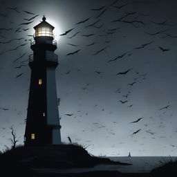 A horror-themed lighthouse standing ominously in the dark, surrounded by a swarm of bats