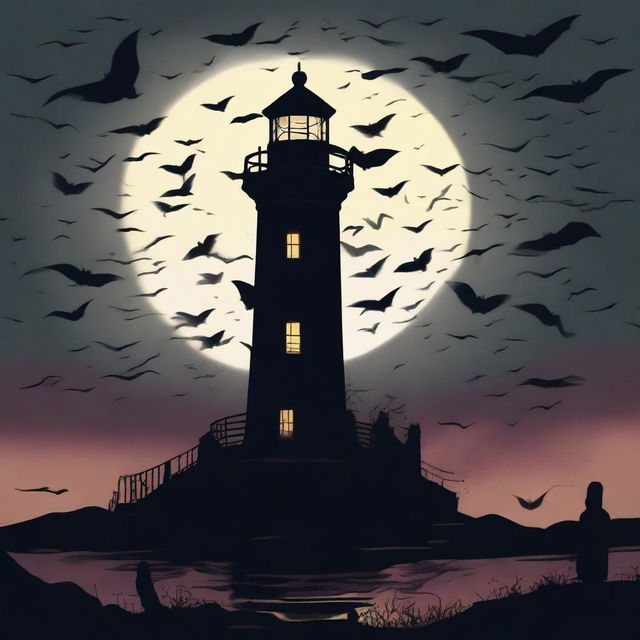 A horror-themed lighthouse standing ominously in the dark, surrounded by a swarm of bats