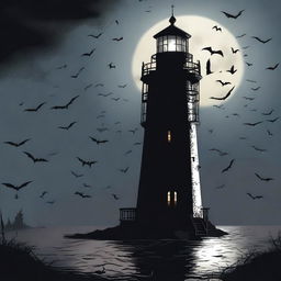 A horror-themed lighthouse standing ominously in the dark, surrounded by a swarm of bats