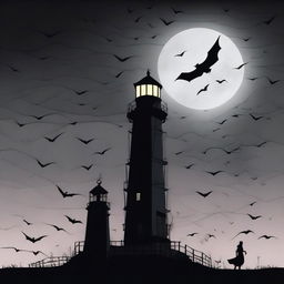 A horror-themed lighthouse standing ominously in the dark, surrounded by a swarm of bats