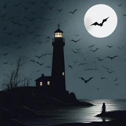 A horror-themed lighthouse standing ominously in the dark, surrounded by a swarm of bats