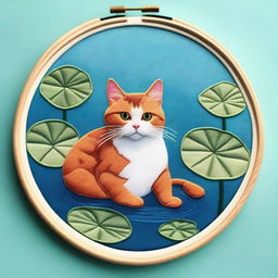 A top-down view of a cat lounging comfortably in a swimming ring, floating in a serene pond